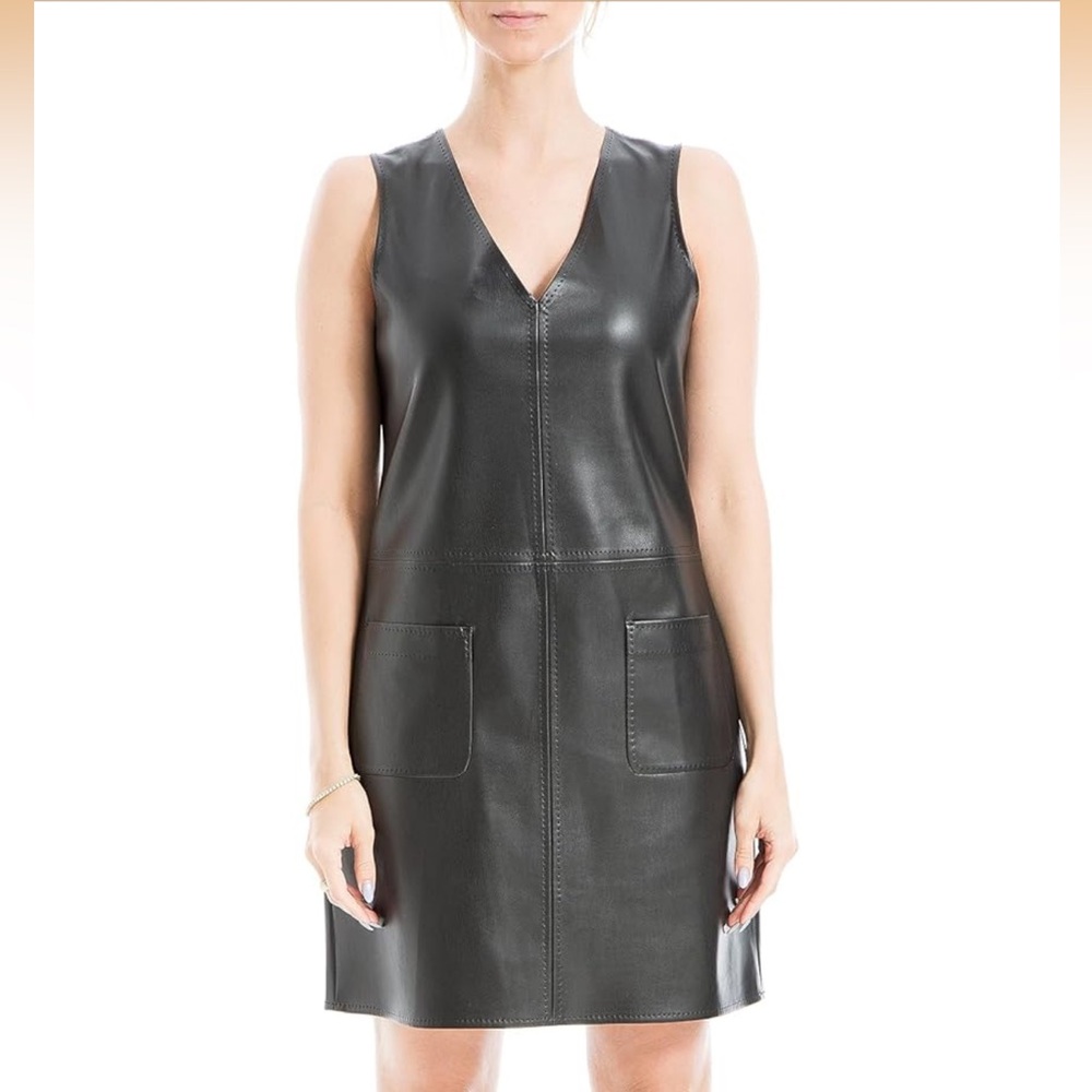 Max Studio Faux Black Leather V-Neck Sleeveless Mini Dress Size Medium